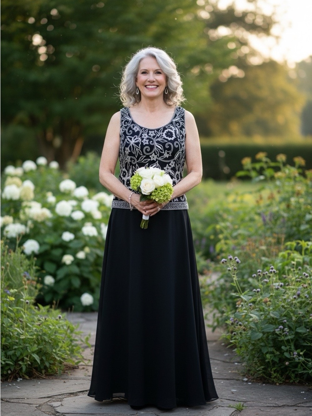 J Kara Black Gown with Silver Beaded Embroidery